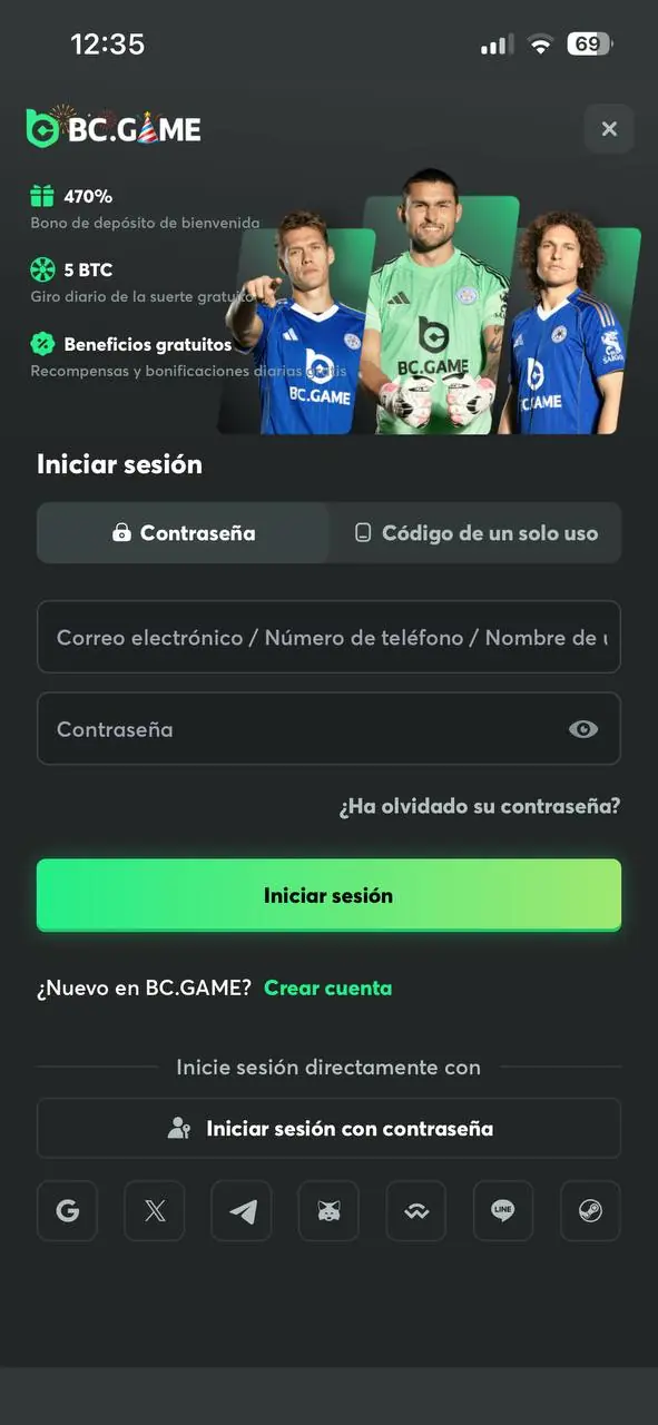 Pantalla de inicio de sesión de la aplicación móvil de BC Game