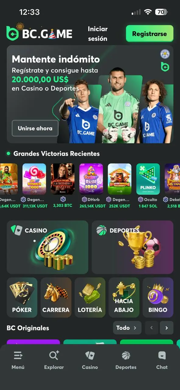 Pantalla principal de la aplicación móvil de BC Game